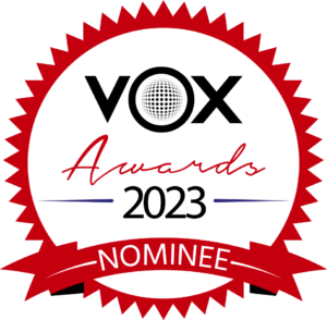 VOX Awards 2023 nominee badge for Best British voice actor performance and best human voice performance in an audio-only broadcast